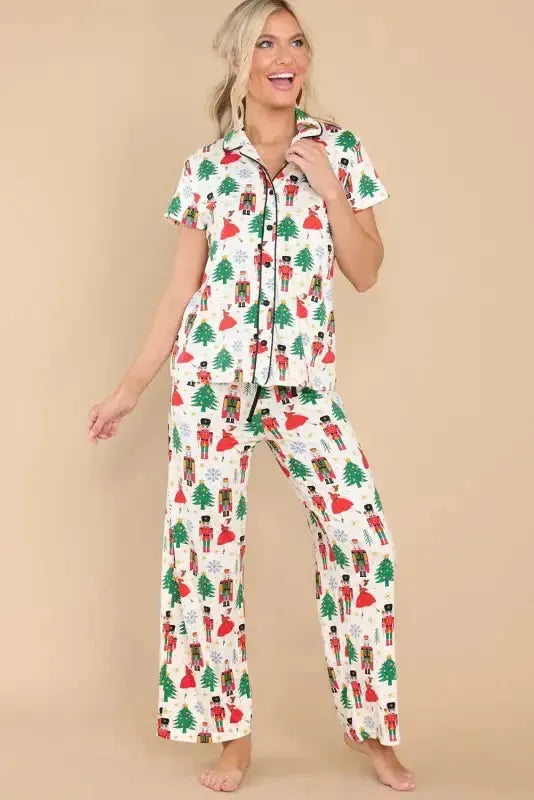 White Printed Christmas Pattern Buttoned Two Piece Sleepwear