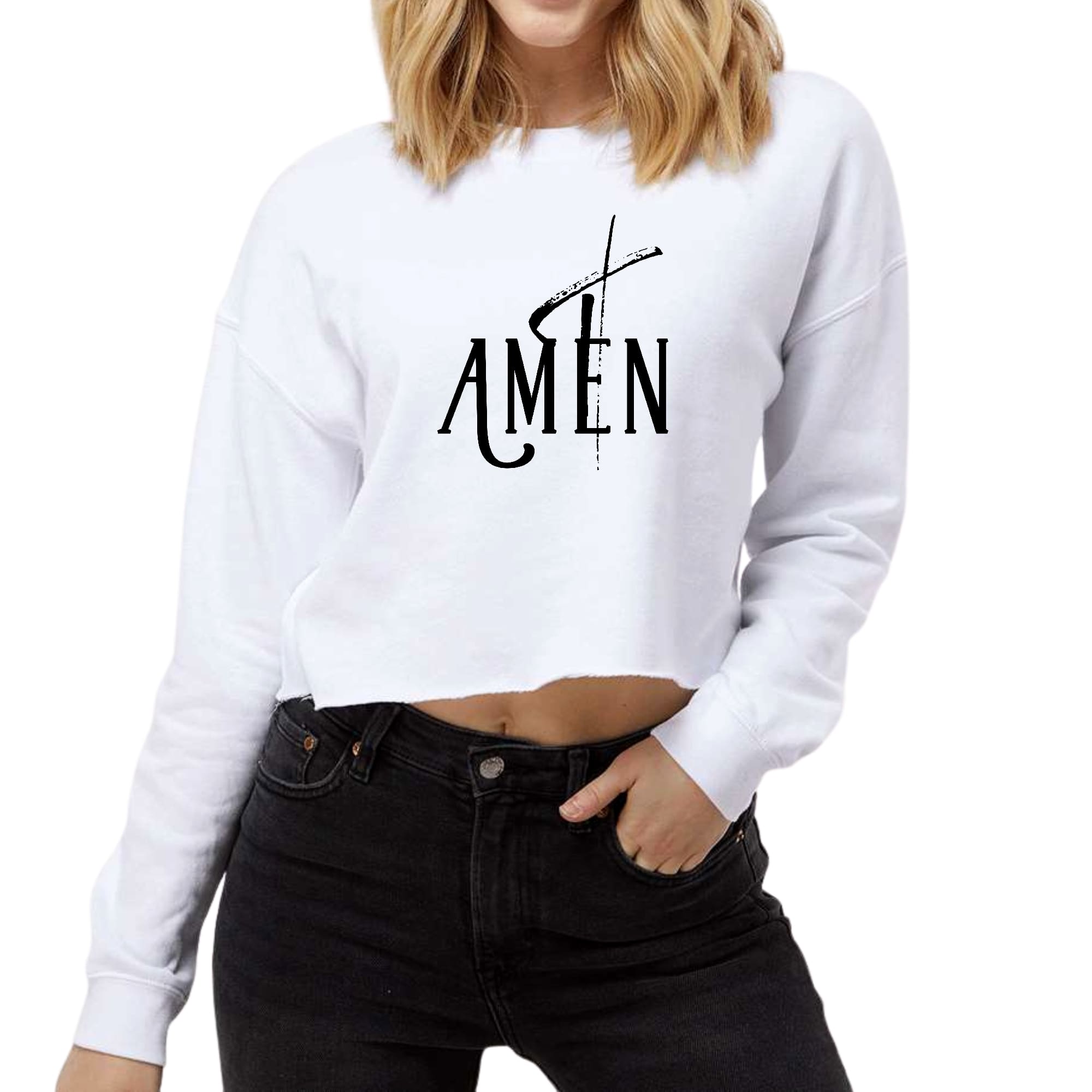Womens Cropped Graphic Sweatshirt - Amen Black Print-0